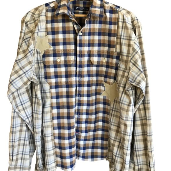 Upcycled Patchwork Plaid Shirt, Size M-L: Boho Mixed Print Top, Star Appliqué - Picture 1 of 11